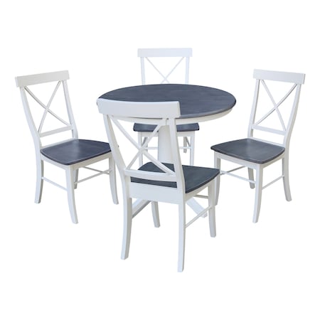 International Concepts 36 in. Solid Wood Round Top Pedestal Dining Table with 4 Dining Chairs in White/Heather Gray K05-36RT-27B-C613-4